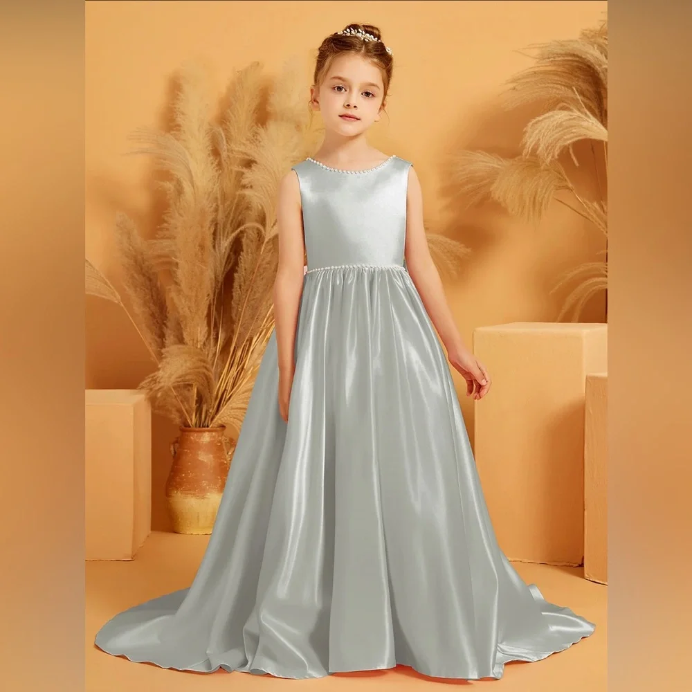 BABARONI Satin Flower Girl Dress - Silver - Picture 2 of 7